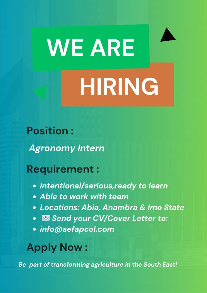 About the Role Sefapcol Ltd is seeking skilled and passionate Agronomists to lead the planning, execution, and oversight of agricultural activities across our farm projects. You will play a key role in establishing high-yield demonstration farms, enhancing soil and crop health, and implementing sustainable, climate-resilient farming techniques. This role is vital to our mission of empowering farmer clusters and improving agricultural productivity in Nigeria. Key Responsibilities Farm Establishment & Crop Management Lead the setup and management of demonstration farms and greenhouses. Develop and implement agronomic best practices across a variety of crops, including oil palm, cassava, cocoa, plantain, and vegetables. Oversee land preparation, planting schedules, and crop rotation plans. Monitor crop growth stages and ensure timely interventions. Conduct regular soil testing and recommend improvement strategies. Identify and control pests and diseases using sustainable solutions. Implement water-efficient irrigation and conservation techniques. Farmer Support & Training Build the capacity of SEFAPCOL interns through practical training, tailored input selection, and seasonal crop management advice. Translate complex agronomic research into simple, actionable techniques. Train and mentor agronomist interns and field assistants on best farming practices and safety protocols. Track and report on training impact for each cohort. Input & Resource Management Provide technical guidance on the selection and safe application of seeds, fertilisers, and agrochemicals (including organic options). Collaborate with agro-dealers and extension agents to ensure timely access to quality farm inputs. Data Collection & Analysis Collect and manage field data, including yield records, soil conditions, pest infestations, and weather patterns. Submit comprehensive daily, weekly, and monthly reports on farm performance. Utilise digital tools and platforms to log data, analyse trends, and optimise practices. Sustainability & Innovation Drive adoption of climate-smart agriculture and regenerative techniques such as composting and precision farming. Contribute to innovation pilots involving mechanisation, seed trials, and optimised fertiliser application. Farmer Relationship Management Serve as a reliable liaison between Sefapcol, field staff, and rural farmers. Handle field complaints related to agricultural inputs, extension support, or crop failures with professionalism and empathy. Requirements & Qualifications B.Sc.Hnd or M.Sc. in Agronomy, Crop Science, Soil Science, Agricultural Extension, or a related field. 2–5 years of hands-on experience in farm operations or agricultural extension. Proficiency with farm management software and data collection tools. Fluency in local languages and the ability to translate agronomic terms to rural farmers is a strong advantages. Excellent interpersonal, training, and communication skills. Demonstrated passion for agriculture, innovation, and rural development. Working Conditions Frequent travel to farms and rural locations within the state and beyond. Fieldwork involves exposure to various weather and environmental conditions. Occasional travel for workshops, training, and supervision across multiple regions. Why Work With Us? At Sefapcol, we are more than a farm company — we are nurturing food security, livelihoods, and a new generation of resilient farmers. As an Agronomist, you will be at the forefront of this transformation, playing a critical role in building a future where agriculture thrives sustainably.